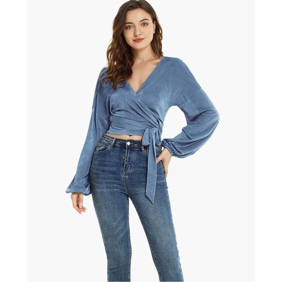 Steel Blue Knit Tie Front Belted V-Neck Long Sleeve Bishop‎ Wrap Top Sweater - Picture 3 of 6